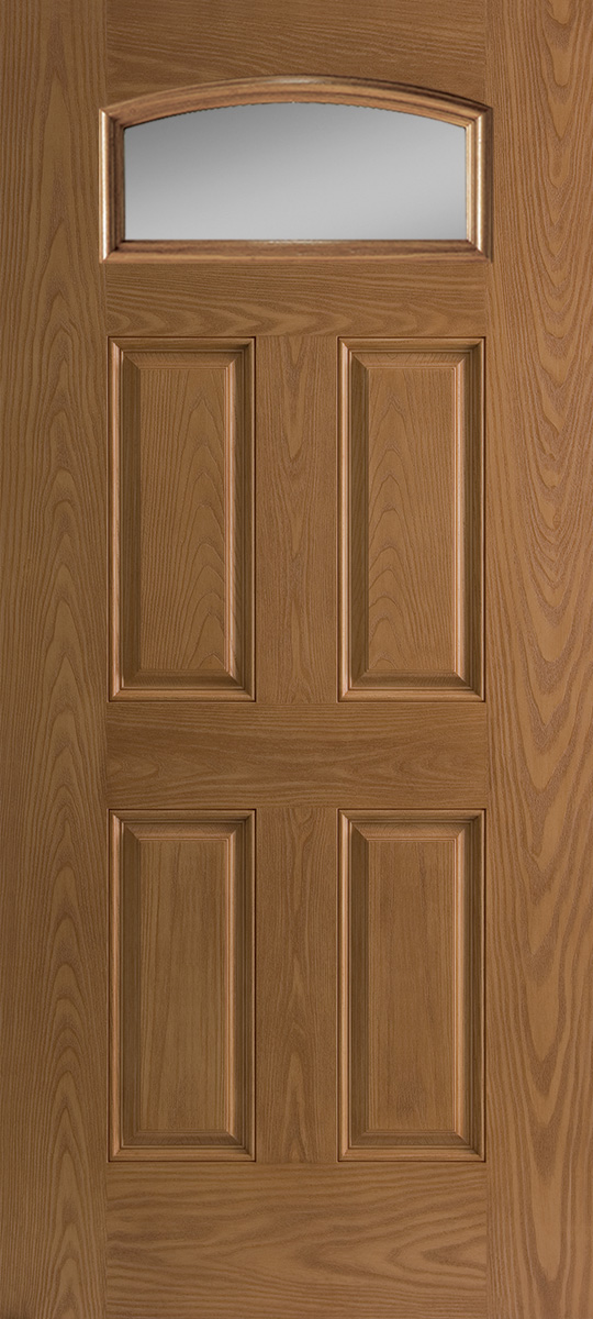Oak textured fiberglass exterior door 4 panel with small lite cambertop